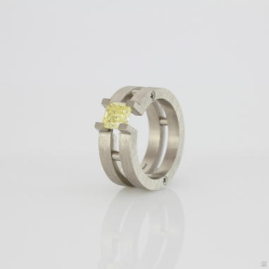 Perspective view of ring with big yellow diamond, one off, designed & made by Mohammed Janbek.